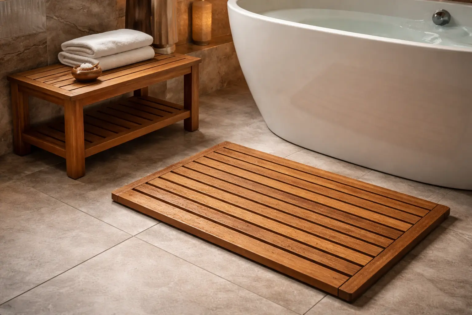 Add a Teak Bath Mat and Bench for Organic Warmth