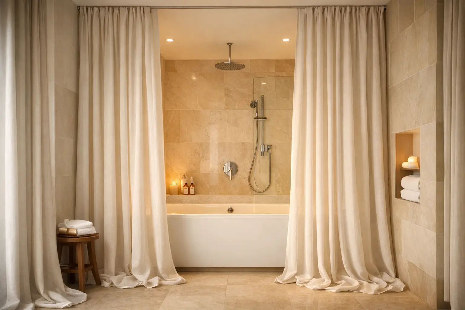 Hang Floor-to-Ceiling Shower Curtains for Hotel Luxury