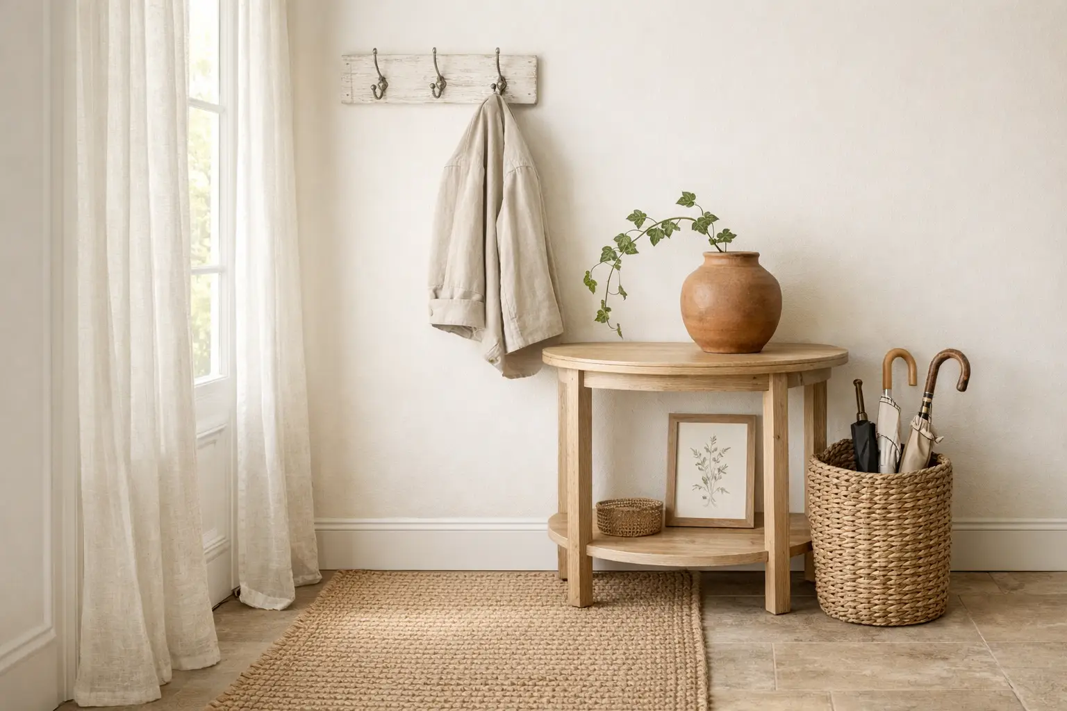 Neutral Spring Entry Way with Woven Textures and Greenery