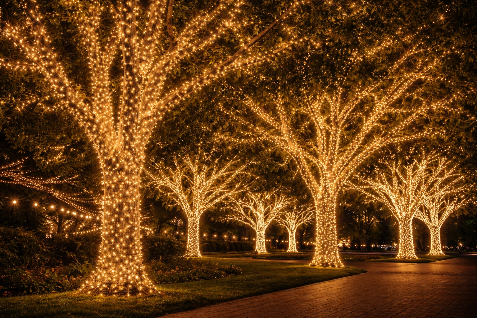 String Light Wrapped Trees