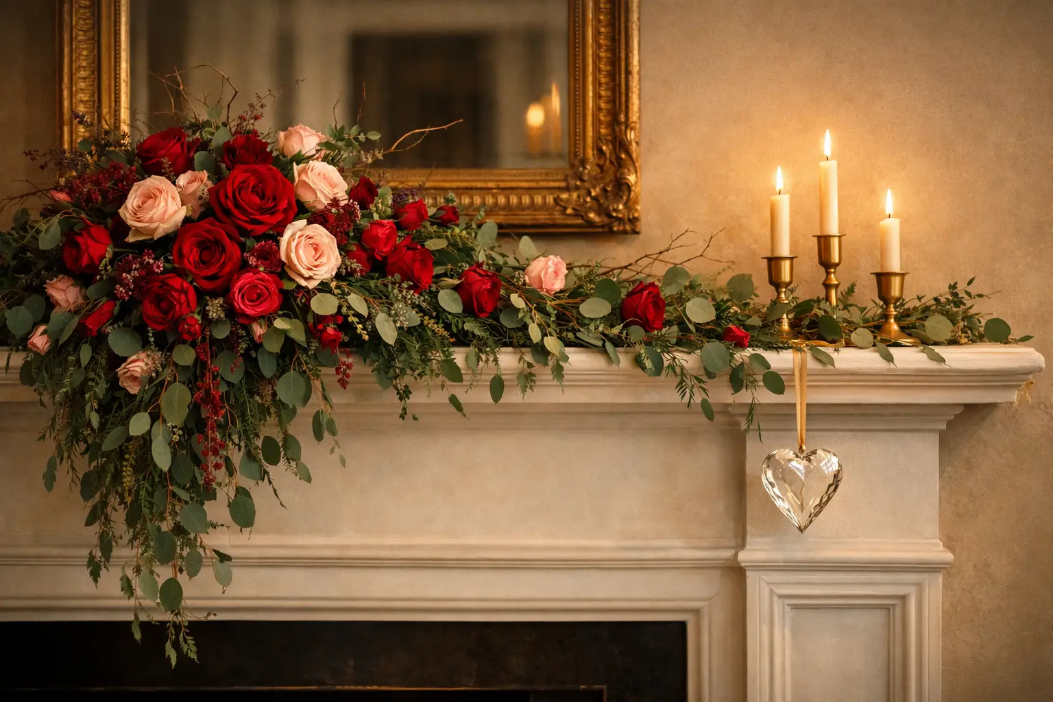 The Asymmetrical Rose and Greenery Floral Mantel