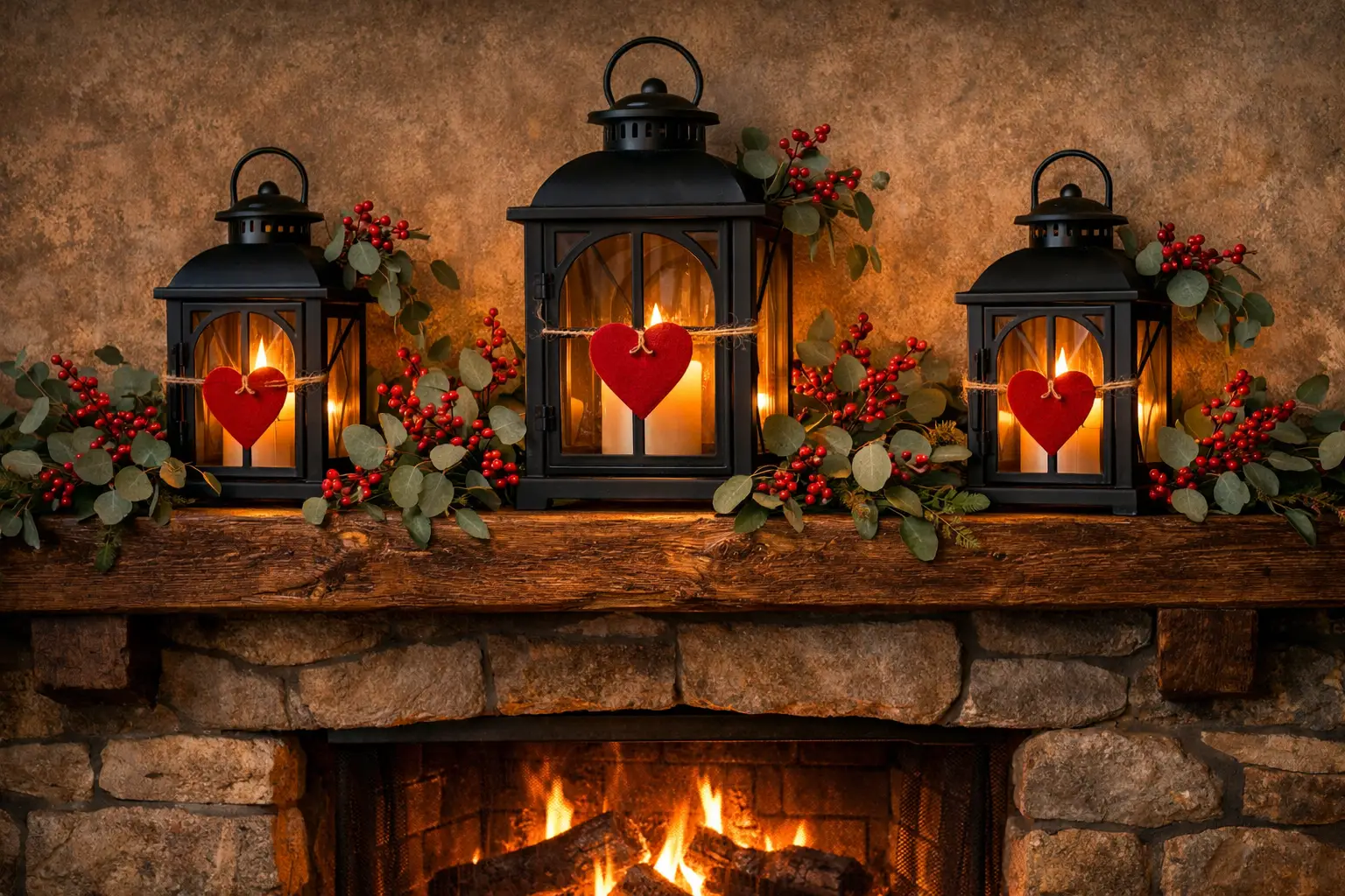 The Black Lantern and Red Berry Rustic Mantel