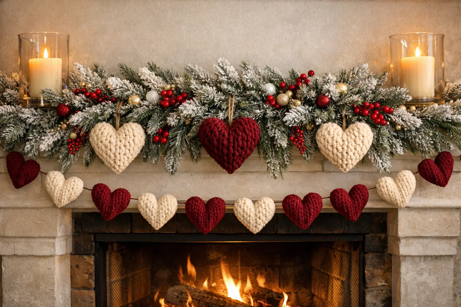 The Chunky Knit Heart and Frosted Greenery Transition Mantel