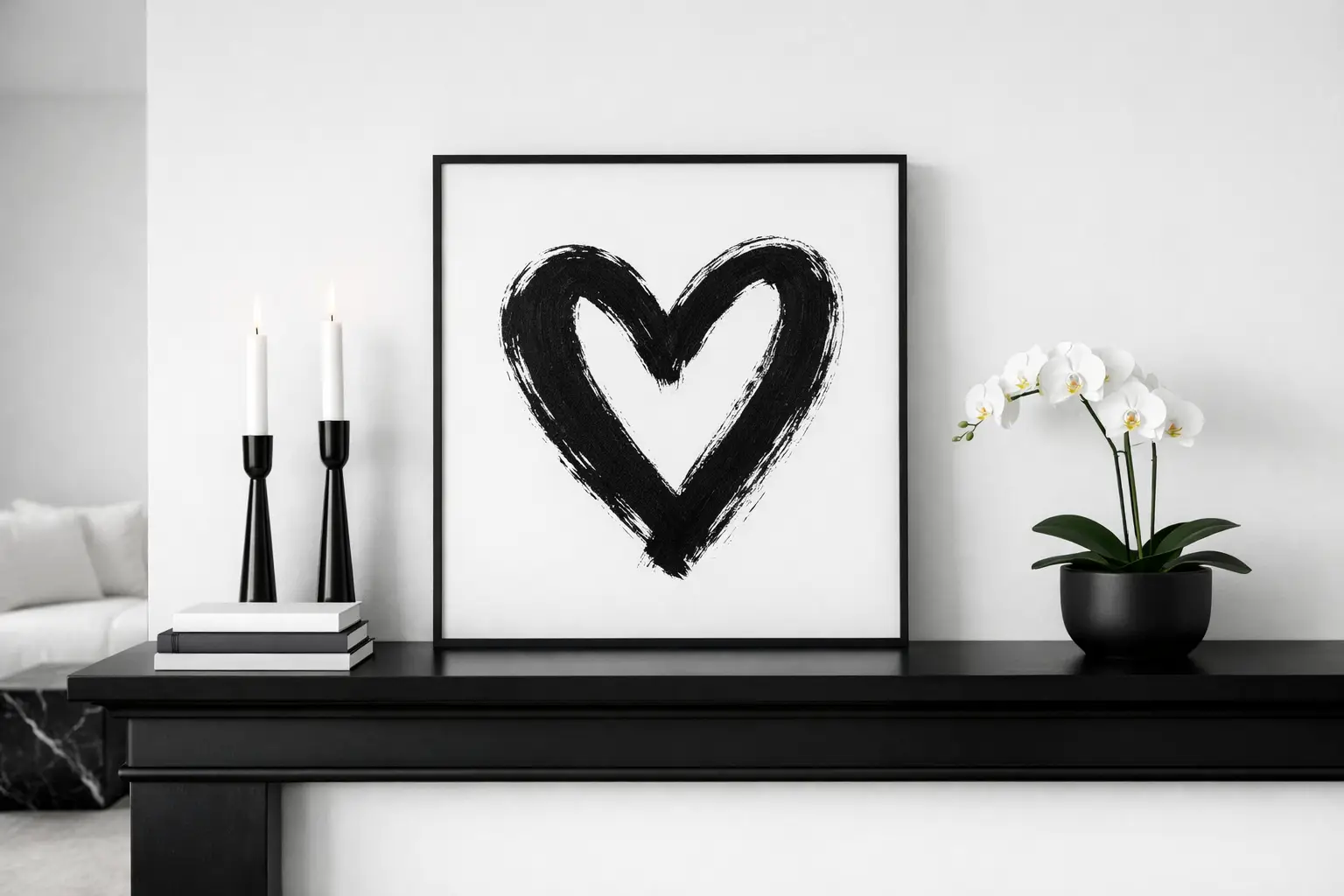 The Modern Minimalist Black and White Heart Print Mantel
