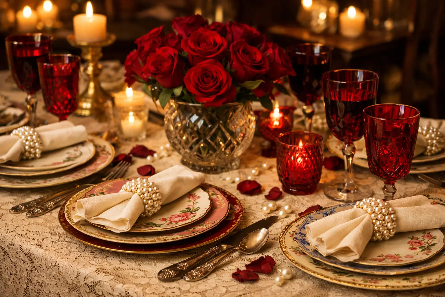 The Red Glassware and Vintage China Heritage Tablescape