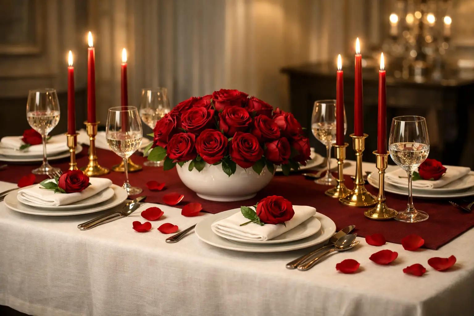 The Red Rose and White Linen Romantic Tablescape