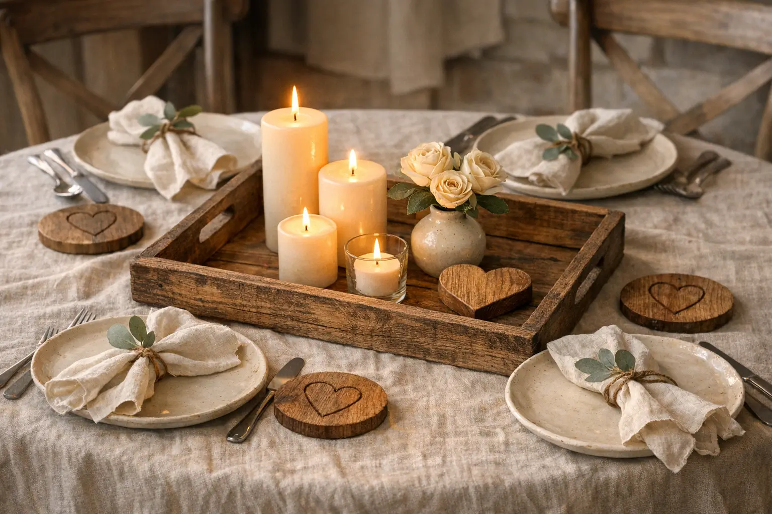 The Rustic Wood Tray and Linen Natural Tablescape