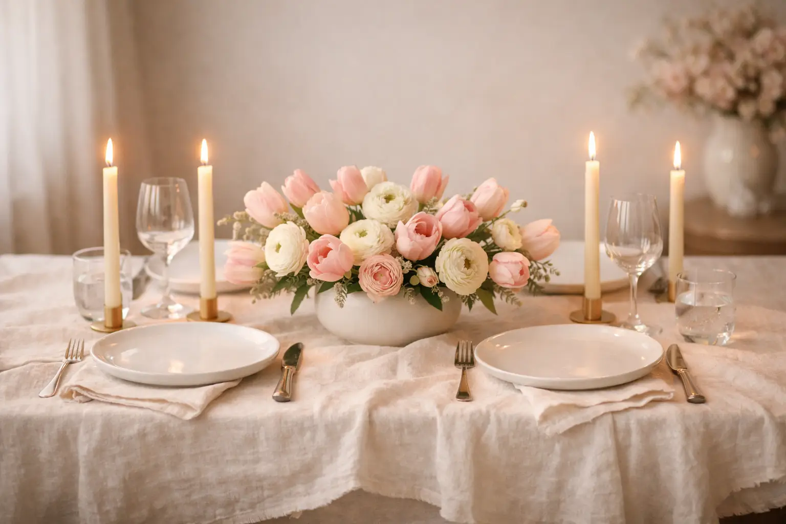The Soft Tulip and Loose Linen Romantic Tablescape