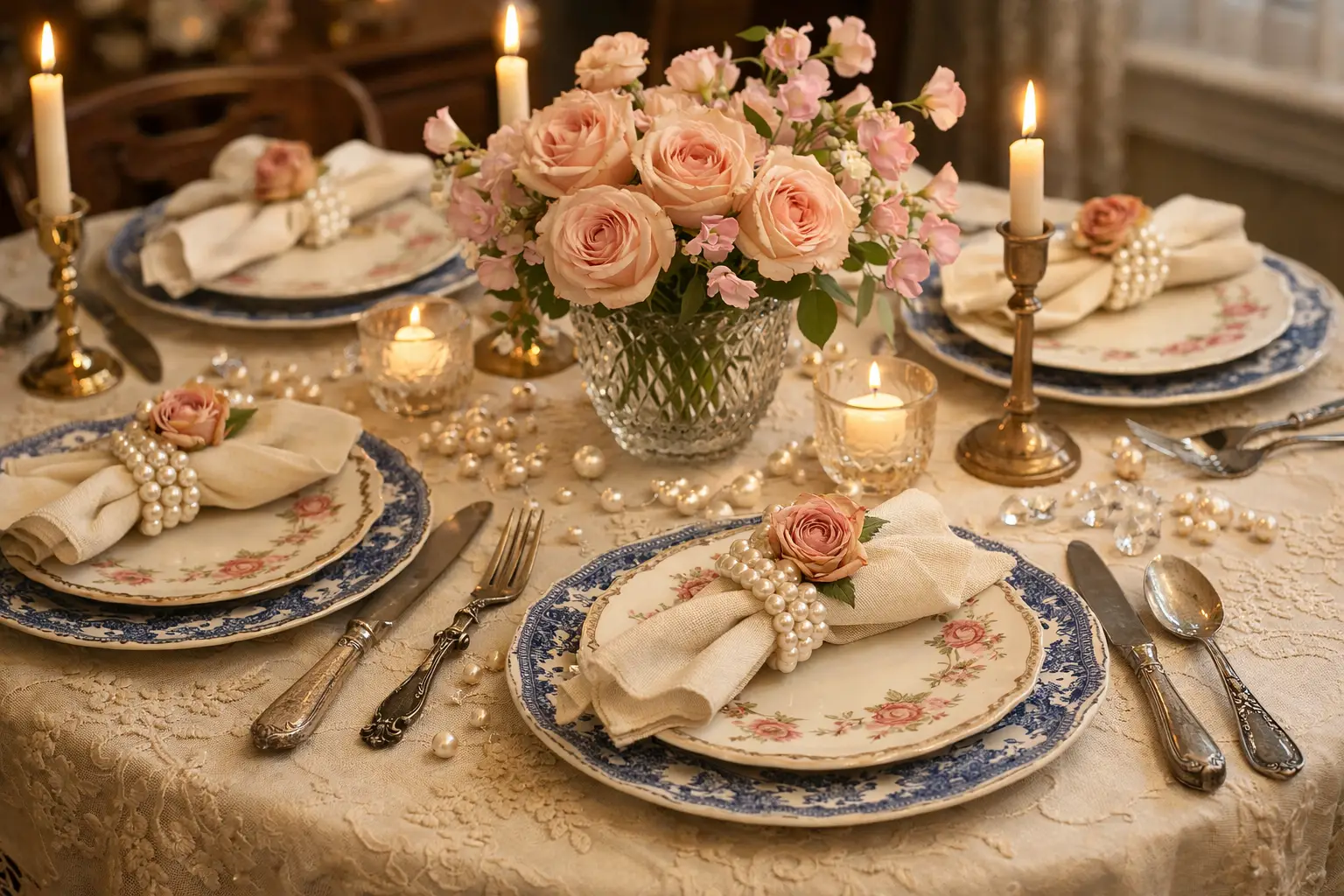 The Vintage Mismatched China and Pearl Tablescape