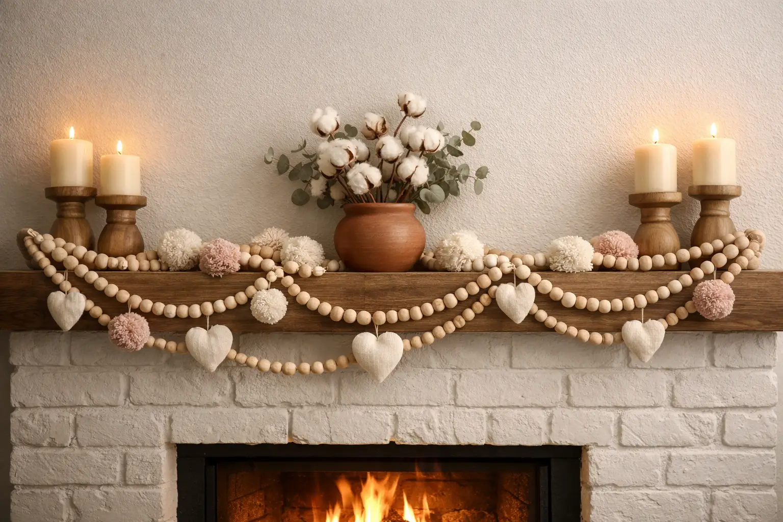The Wooden Bead Garland and Neutral Heart Mantel