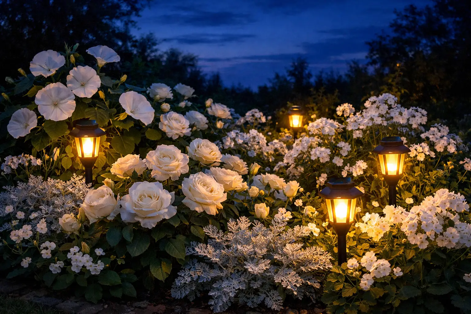 Night-Friendly Flower Bed with White and Light-Colored Blooms