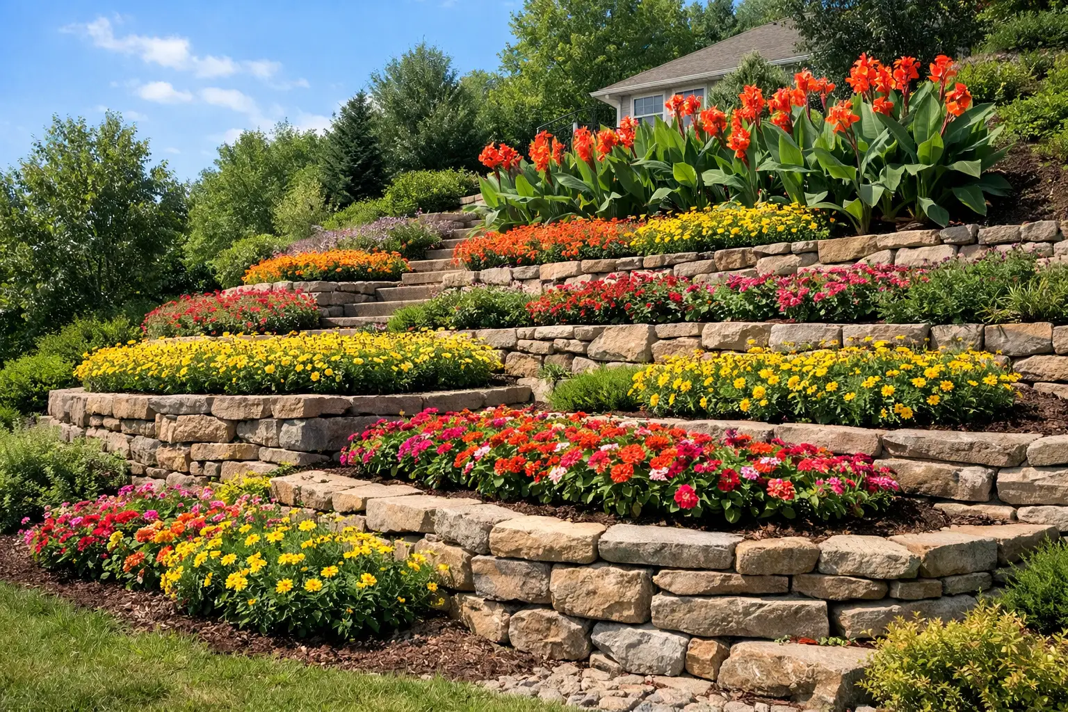 Sloped Garden Bed with Tiered Stone Walls
