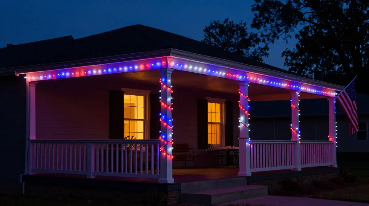String Red, White, and Blue Lights Along Porch Edges