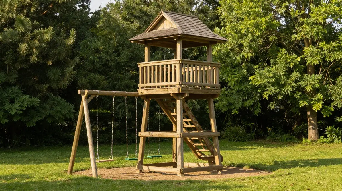 The Tower Fort Swing Set approximately