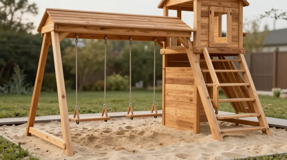 The Wooden Sandbox Swing Set Combo