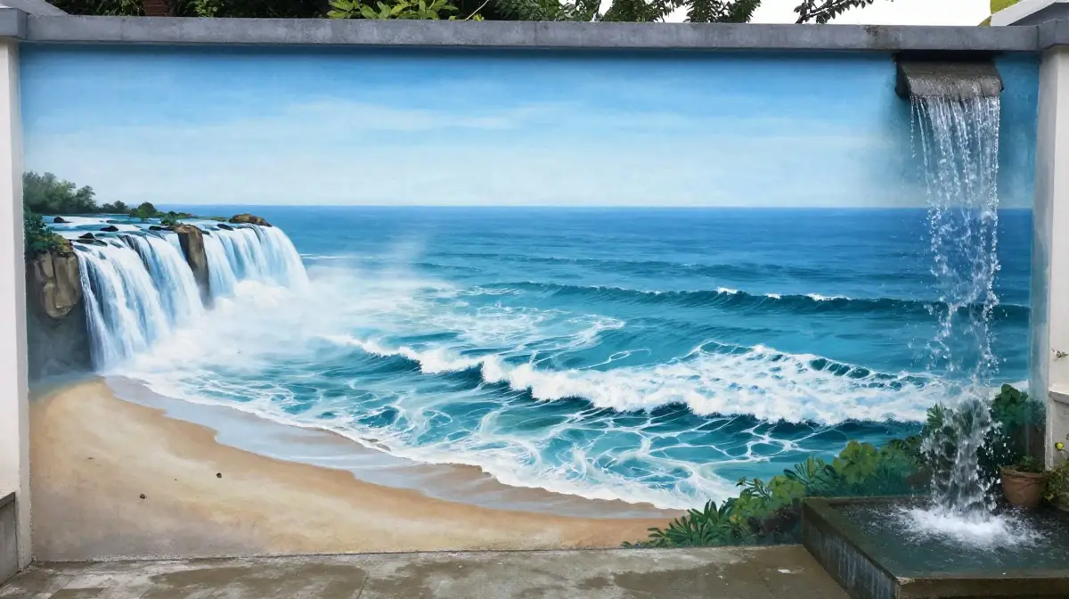 Waterfall and Ocean Seascape Mural