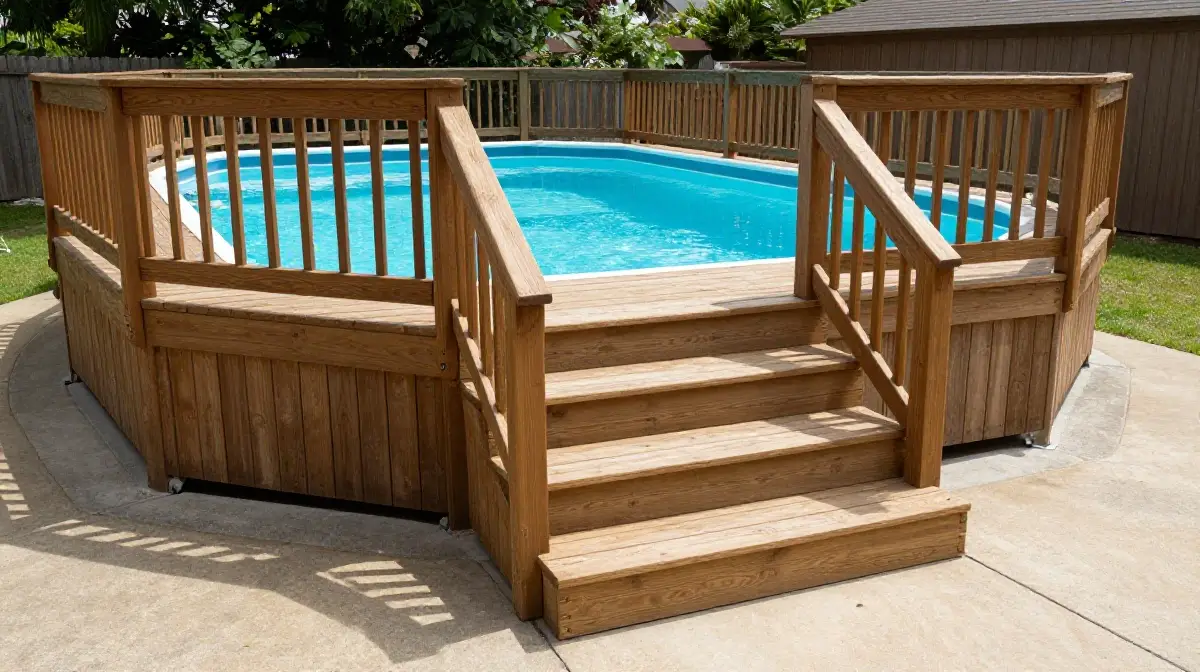 Above Ground Pool Deck with Built-In Steps and Railings