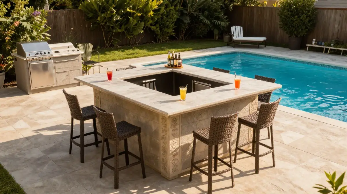 Above Ground Pool Deck with Outdoor Kitchen or Bar