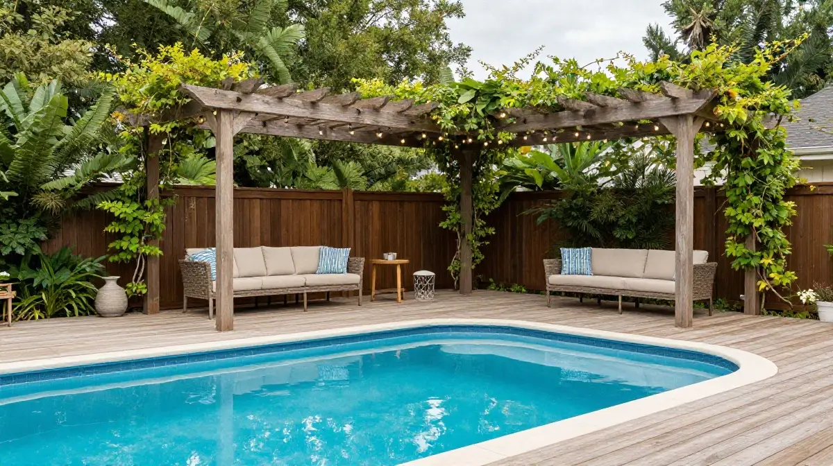 Above Ground Pool Deck with Pergola or Shade Structure