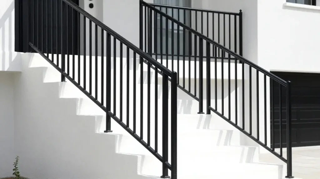 Black Metal Railing With White Concrete Steps