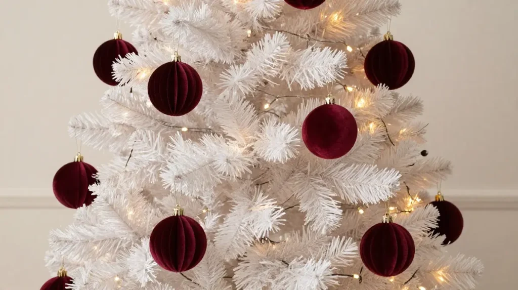 Burgundy Velvet Ornaments on a Neutral Tree