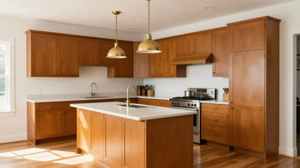 Caramel Kitchen Cabinets with Warm White Walls