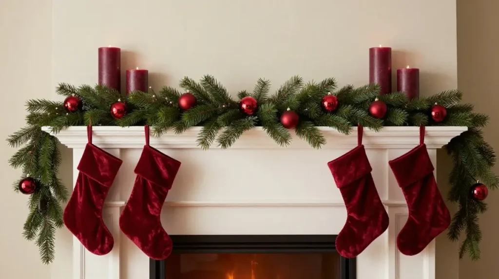 Christmas Mantel Decor in Burgundy