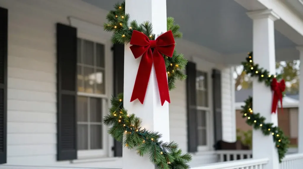 Christmas Porch Column Decor With Garland Wrapping