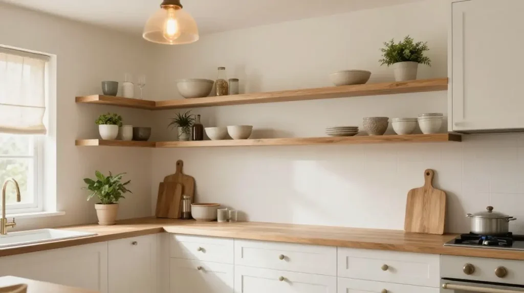 Creamy White Kitchen with Wooden Shelves