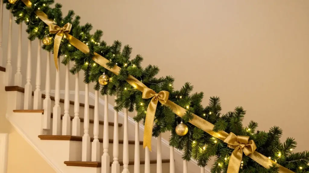 Decorate Your Staircase With Garland and Ribbon