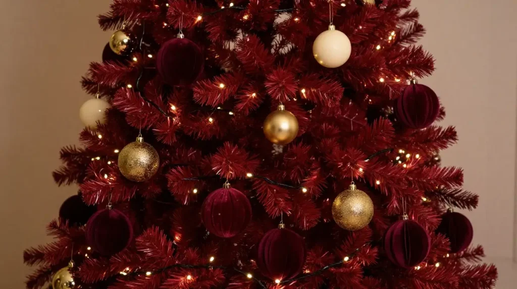 Deep Red Christmas Tree With Layered Ornaments