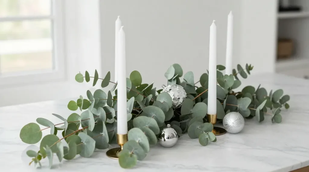 Eucalyptus and White Candle Arrangement