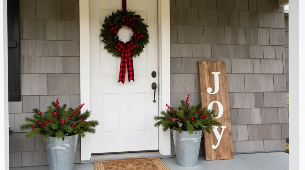 Farmhouse Christmas Porch With Plaid and Wood