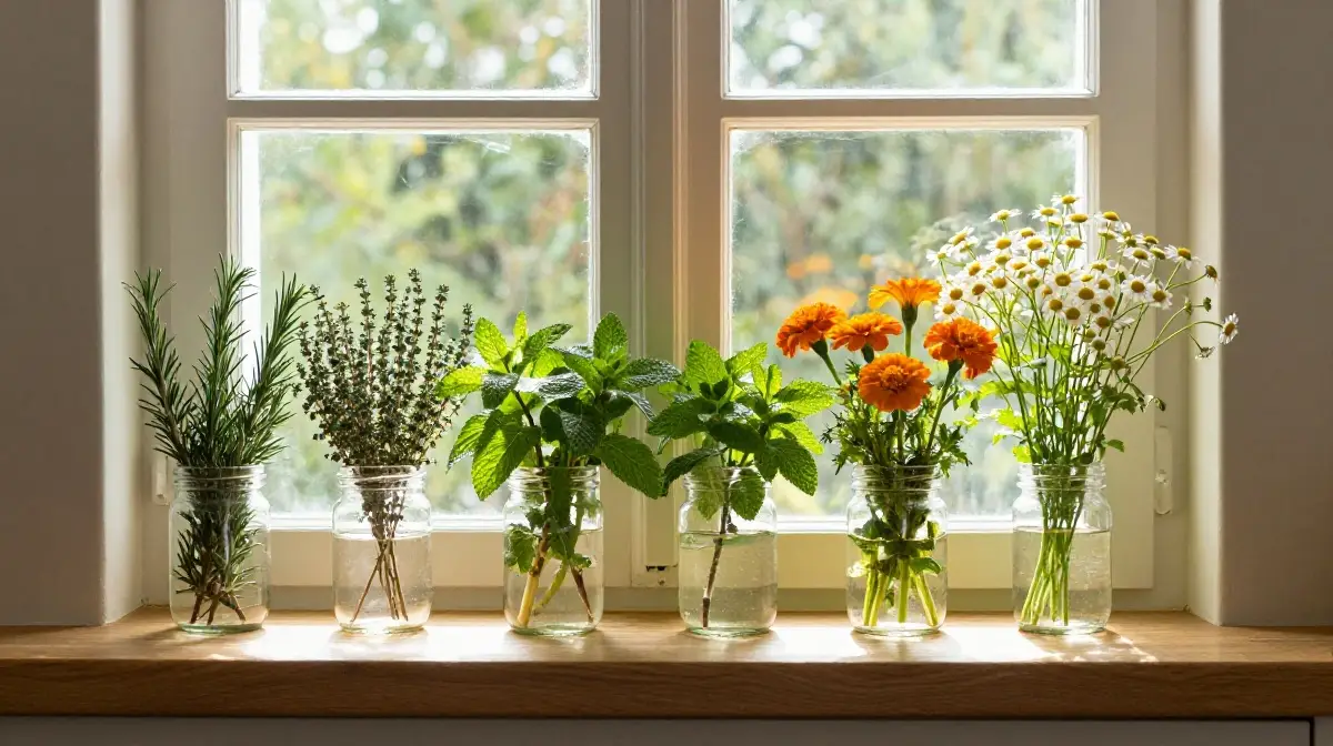 Kitchen Window Herb and Flower Combination