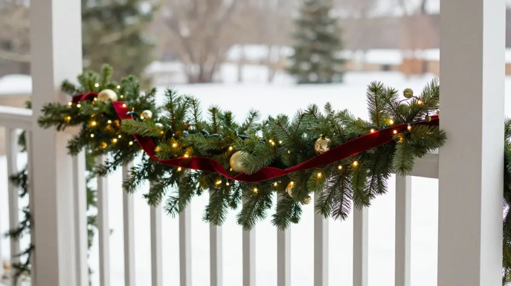 Layered Holiday Garland Along the Porch Railing