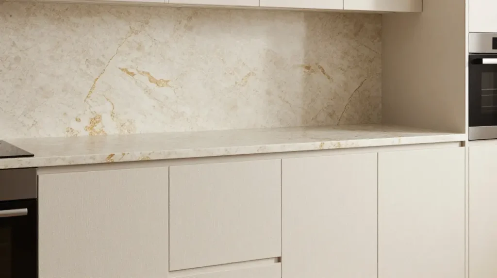 Linen Kitchen Cabinets with Quartz Worktops