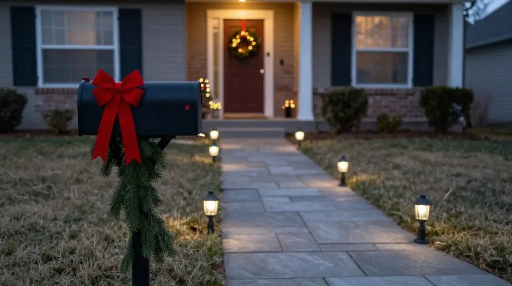 Mailbox and Pathway Decorated for the Holidays