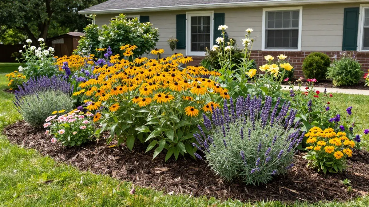 Mulched Garden Beds with Flowering Perennials