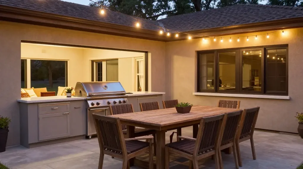 Outdoor Kitchen with Dining Space and Seating Area