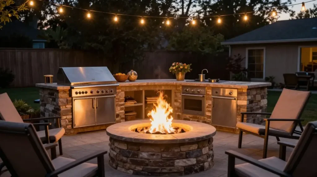 Outdoor Kitchen with Fire Pit Combo