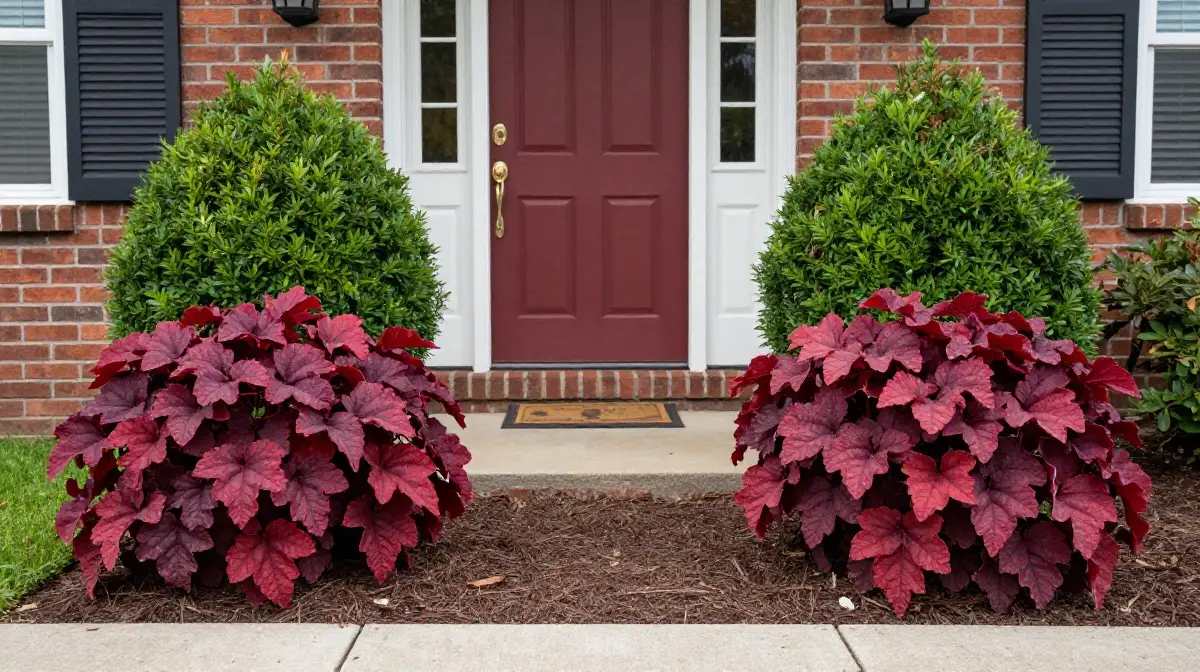 Plant Heuchera in a Symmetrical Foundation Planting