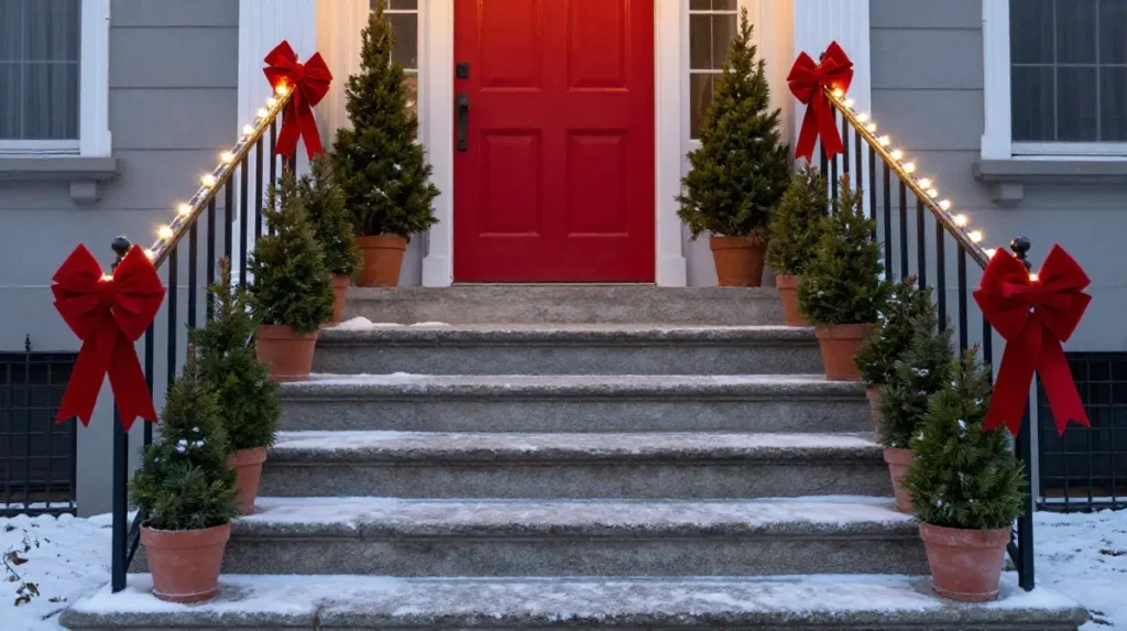 Porch Steps Decorated With Greenery and Bows