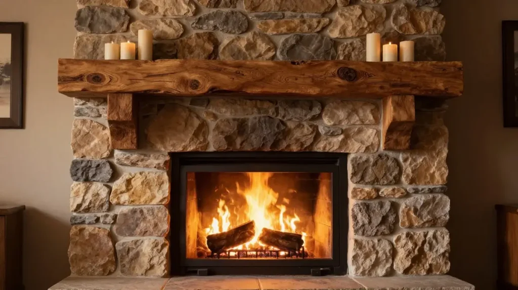 Rustic Fireplace with Natural Wood Mantel