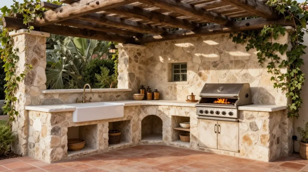 Rustic Outdoor Kitchen with Natural Stone