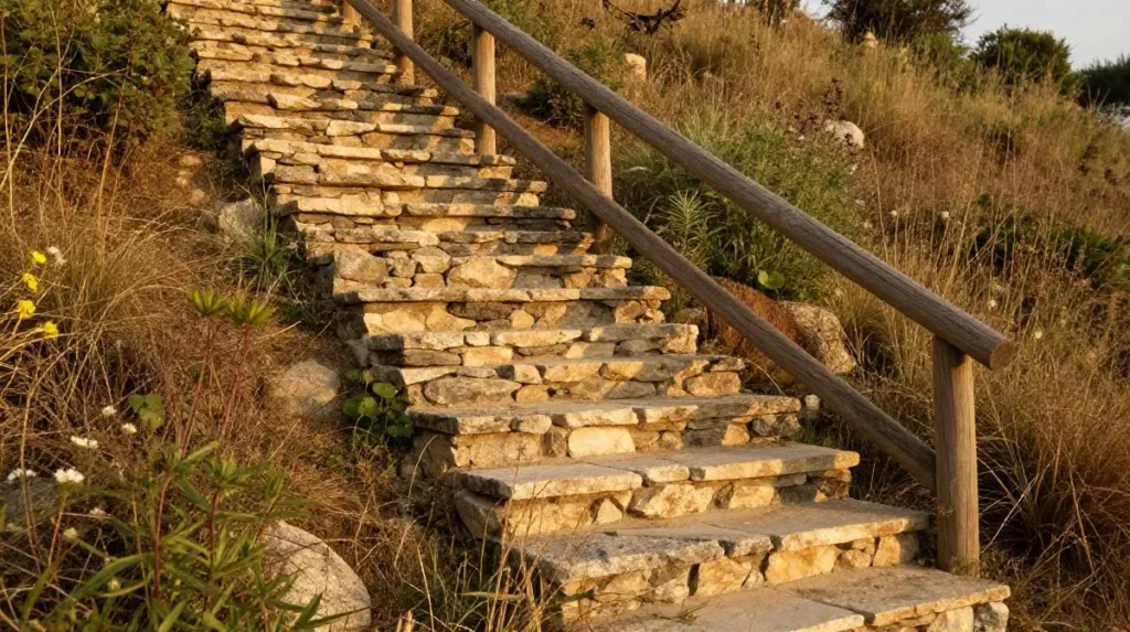 Rustic Outdoor Staircase With Natural Stone and Timber
