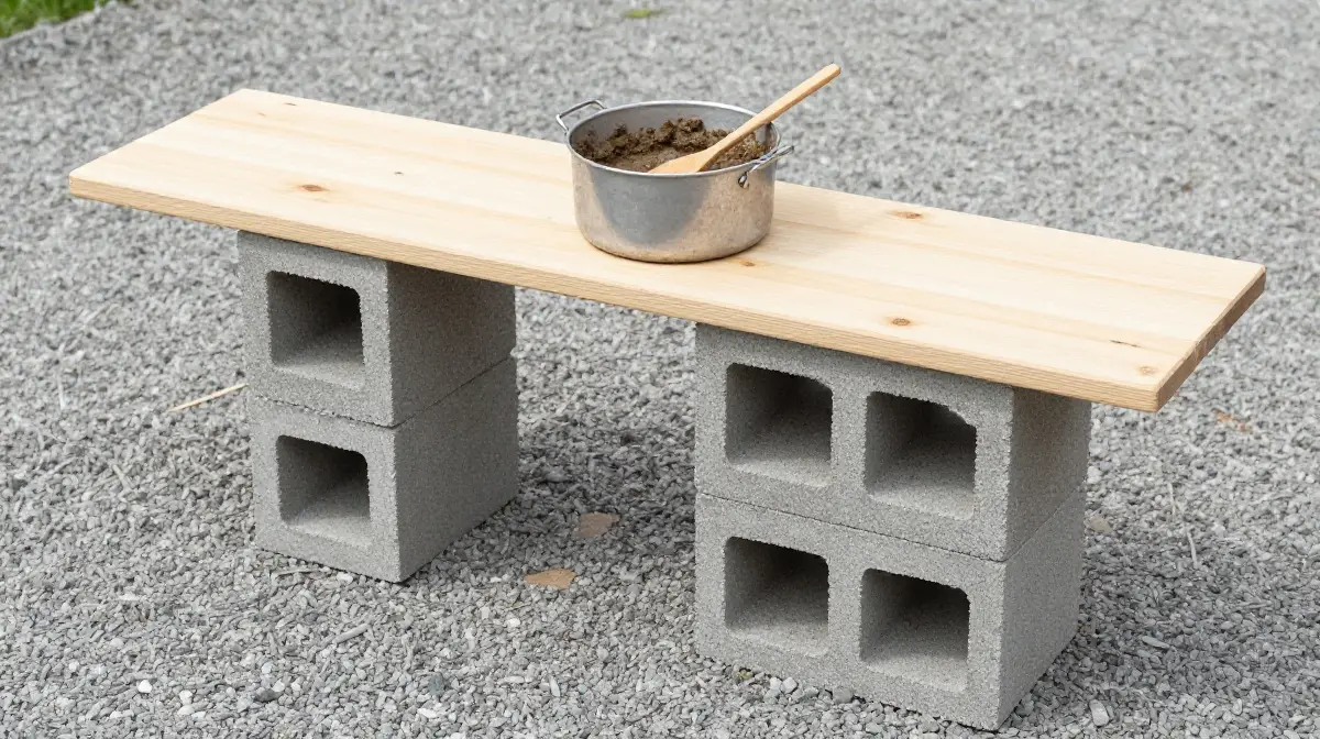 The Cinder Block and Plank Mud Kitchen Setup