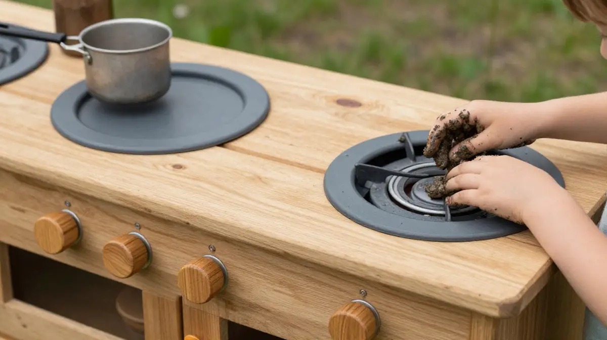 The Mud Kitchen Setup with Stove Burners and Knobs