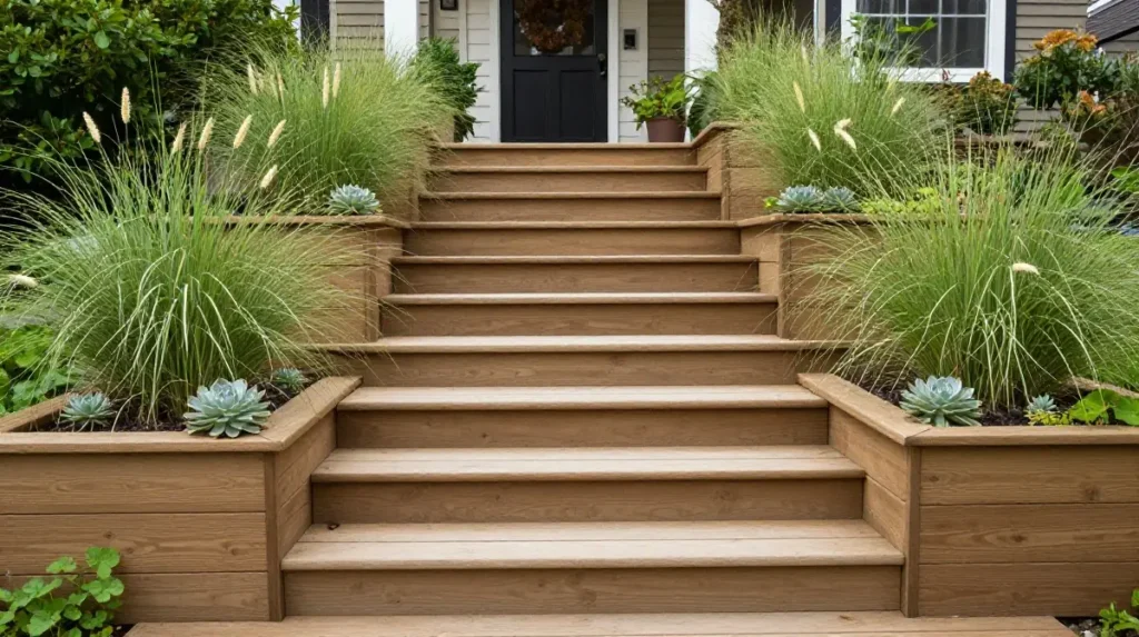 Timber Garden Steps With Built-In Planters