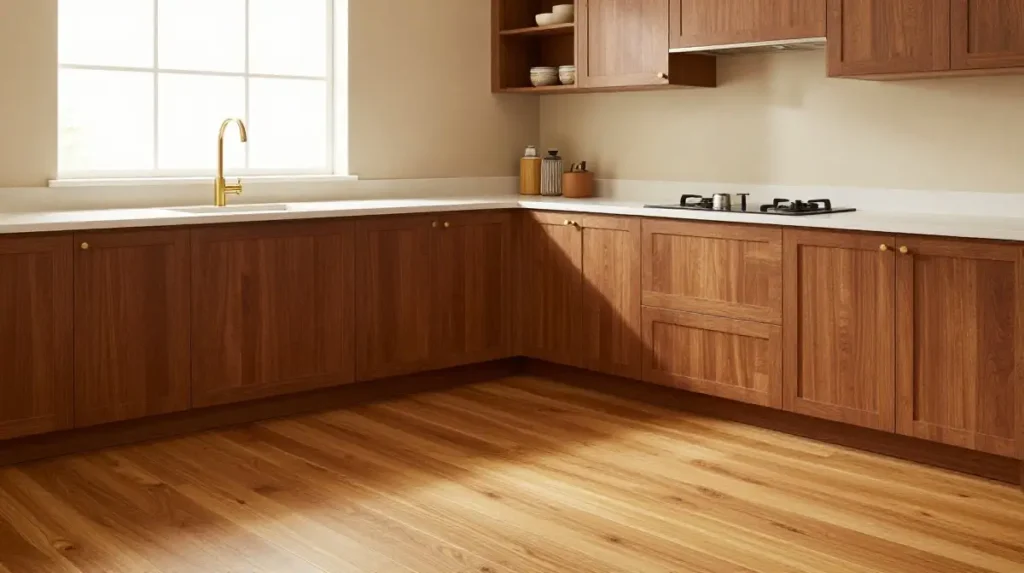 Warm Almond Kitchen with Wood Flooring