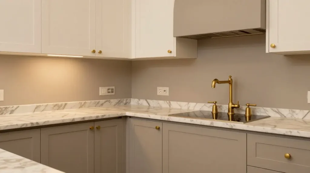 Warm Gray Kitchen with Brass Fixtures